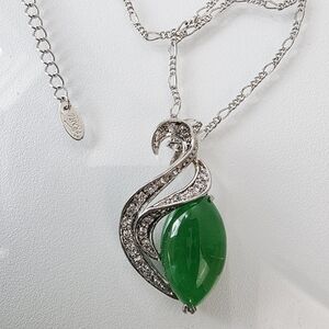 Franz Green Jadeite Pendant Necklace Silvertone Pendant Green Stone Dainty